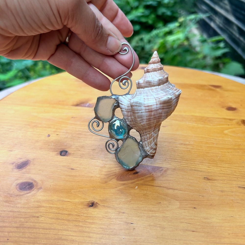 Vintage Stained Glass Suncatcher Sea Shell Wall Hanging Tan Blue Beach Art Decor